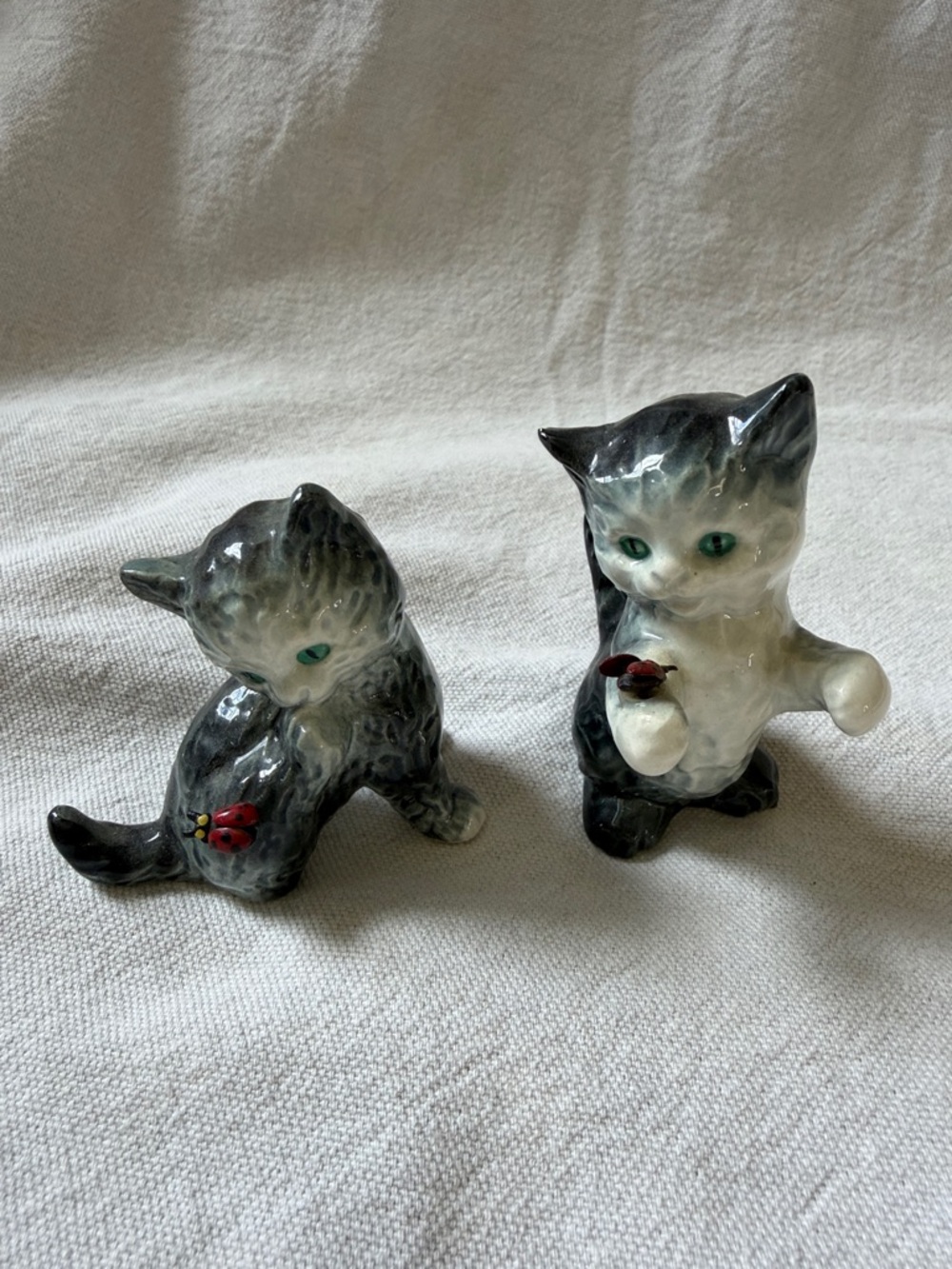 Goebel Gray and White Ceramic Cat Figurines with Ladybugs